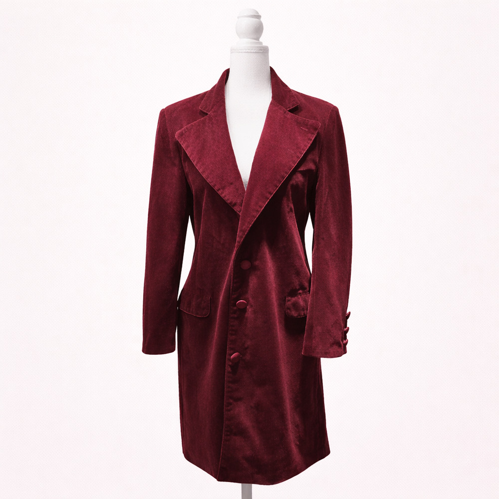 Burgundy Corduroy Velvet S Long Coat Statement Dramatic Gothic Victorian Cosplay - Picture 2 of 16